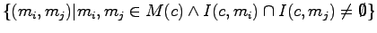 $\displaystyle \{(m_{i},m_{j}) \vert m_{i},m_{j} \in M(c) \wedge I(c,m_{i}) \cap I(c,m_{j}) \neq \emptyset\}$